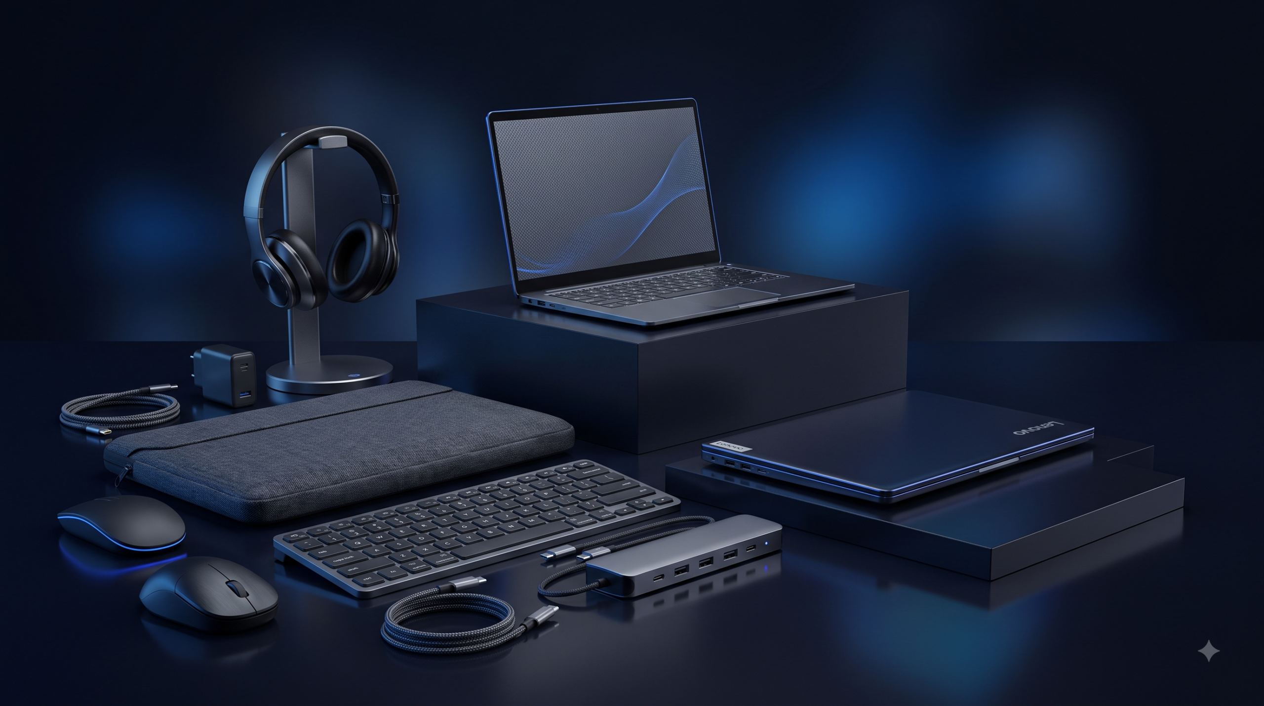 Laptop accessories in Noida Extension including chargers, keyboards, mice and stands